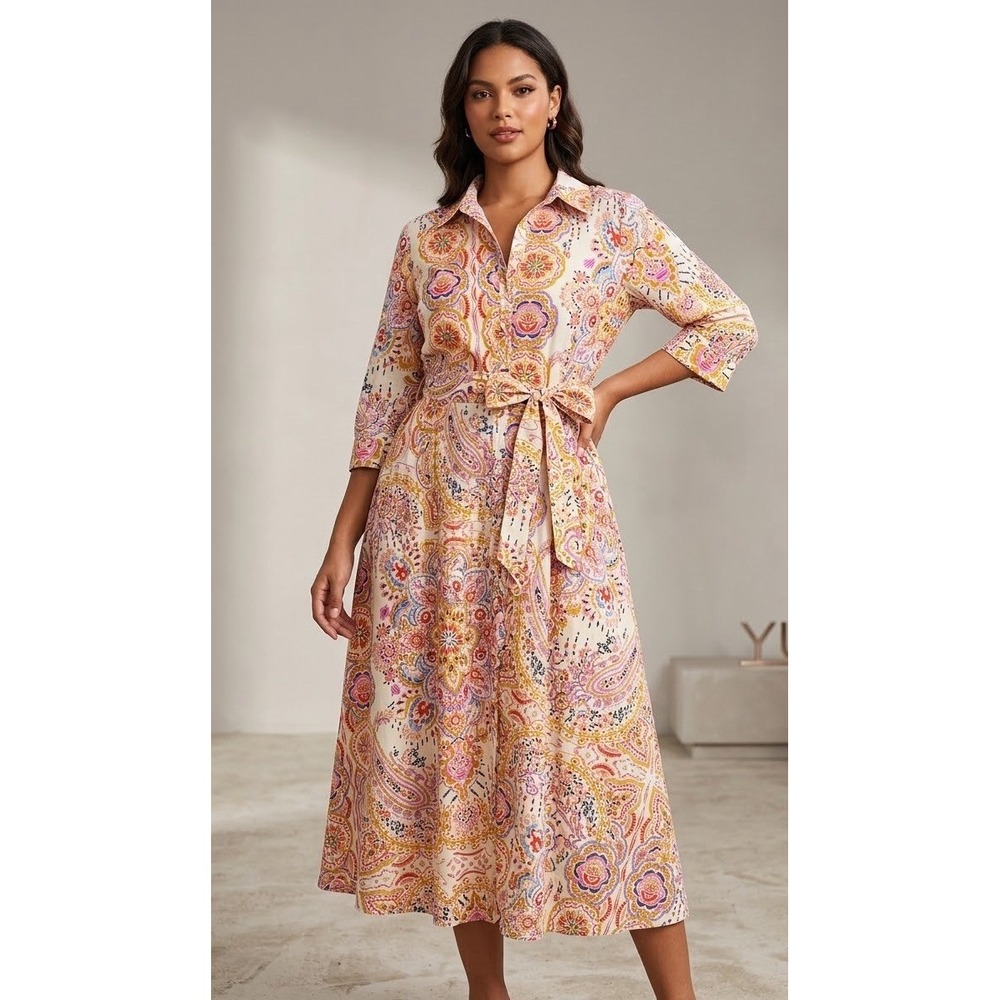 Zara Paisley Print Shirt Dress Midi Belted Women's Multicolor Morocan Size XL